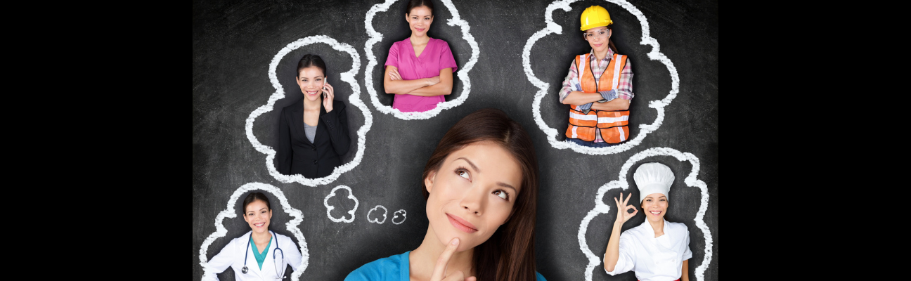 Woman thinking of different career paths - chef, construction worker, business, healthcare